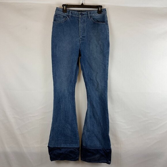 Brandon Maxwell High Rise Bell Bottom Flare Jeans 29 Satin Cuff Blue - Picture 1 of 11